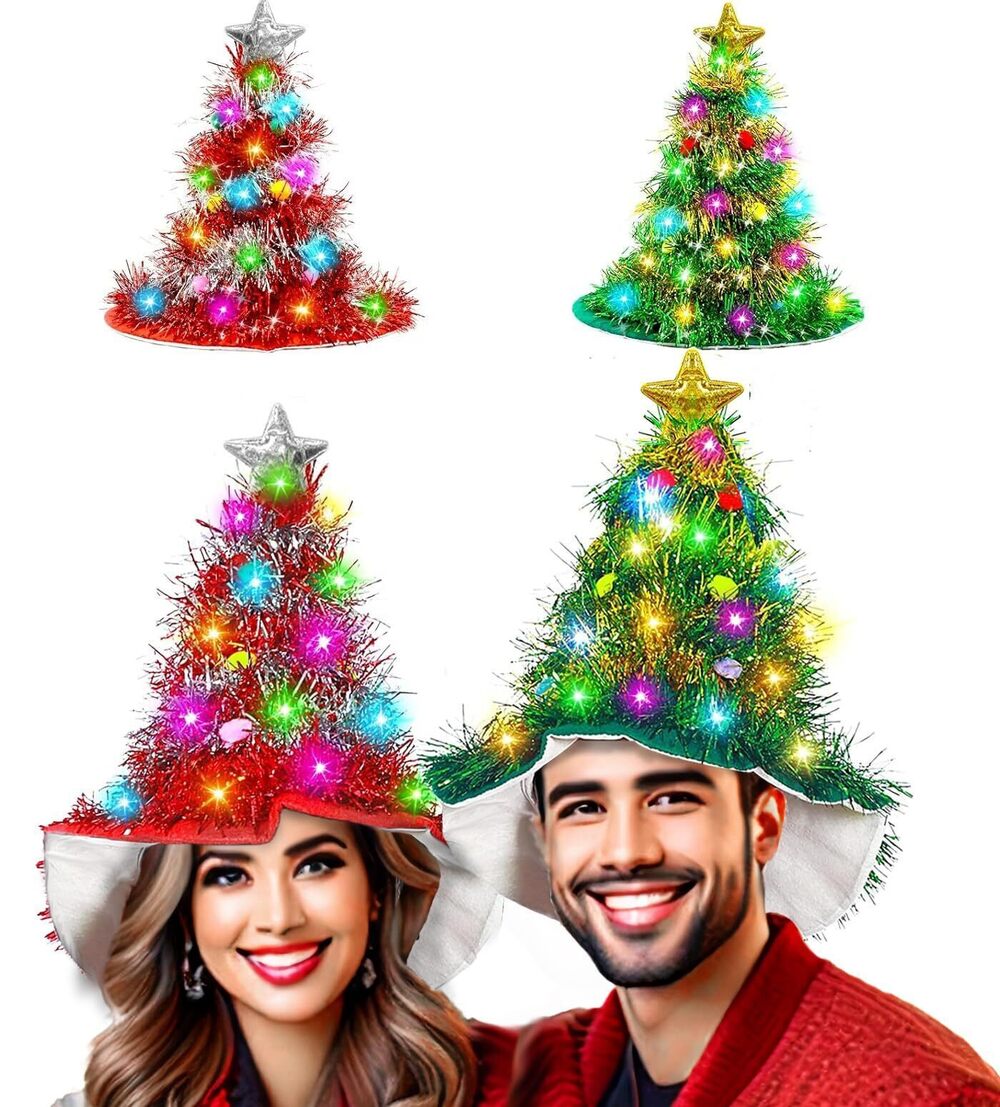 2362 2 Pack LED Christmas Tree Hats Santa Hat with Tinsel Colorful Lights